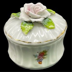 Elfinware Germany Vintage Pre 1945 Trinket Box Rose Painted Flowers White READ